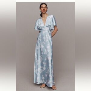 BHLDN Leila Deep V Flutter Sleeve Satin A-line dress NWT